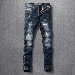 Men's Jeans Ly Designer Fashion Men High Quality Retro Black Blue Elastic Slim Fit Hole Ripped Vintage Denim Pants Hombre