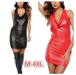 Basic Casual Dresses 2021 The New Sexy Wetlook Backless Sling Dress Hot Pu Faux Leather Mini Shiny Dress Teddy Clubwear Sexy Latex Dress T240510