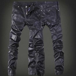 Men's Pants Fashion brand embroidered leather pants mens Trousers DJ club leather pants jogging bike motorcycle mens zippered leather pantsL2405