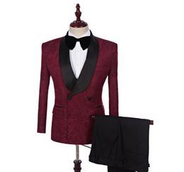 Burgundy Black Lace Shawl Lape One Button Groom Wedding Suit tuxedos wedding suits for men SuitPanTie4414241