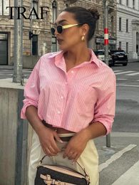 Women's Blouses 2024 Woman Casual Loose Trendy Pink Blue Striped Turn Down Collar Long Sleeve Shirts Cropped Tops Office Lady