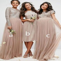 Blush Champagne Sequins Bridesmaid Dresses Long Sleeve Tulle Plus Size Country Pleated Formal Prom Dress robes de demoiselle d'hon 236S