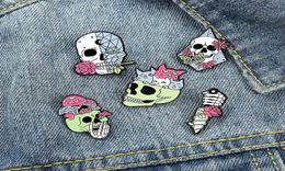 Pins Brooches Living Skeleton Enamel Pins Custom Rose Cats Skull Dagger Brooch Lapel Badge Bag Punk Gothic Jewelry Gift For Frien9168312