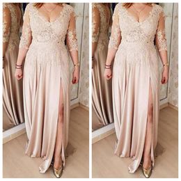 Plus Size Mother Of The Bride Dresses A line Champagne 3 4 Sleeves Chiffon Appliques Long Groom Mother Dresses For Weddings 299o