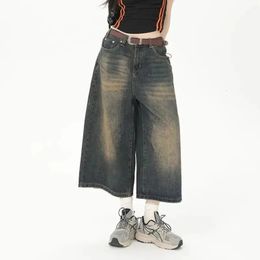 Women Y2k Style Baggy Denim Shorts Wide Leg Short Pants Fashion High Waisted Dark Wash Knee Length Loose Unisex Jeans Casual 240508