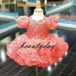 Coral Girls Pageant Dresses 2020 New Toddler Kids Ball Gown Glitz Flower Girl Dress Weddings Beaded Drapped Cupcake Size 3 5 7 9 2091