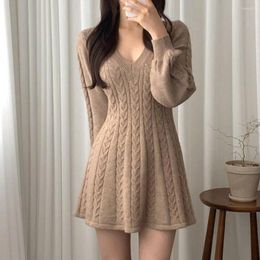 Casual Dresses Korean Style Chic Knitted Dress Women's Autumn And Winter Lantern Sleeved V-neck Slim Fit Sweater Fashion Female Clothes