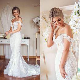 Elegant Mermaid Wedding Dresses Sweep Train Off The Shoulder Lace Beach Wedding Dress Appliques Custom Made Bridal Robes De Mariee 234G