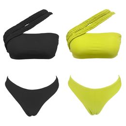 Shoulder Single Woven Rope Tie Bra Solid Colour Split Swimsuit For Women New Bikini