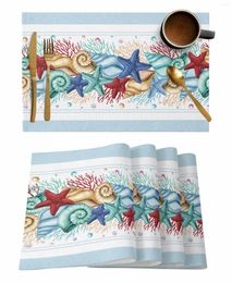 Table Mats Summer Ocean Watercolor Starfish Shell Coral Sky Blue Coffee Dish Mat Kitchen Placemat Dining Rug Dinnerware 4/6pcs Pads