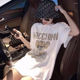 Women's T Shirts White Short-sleeved T-shirt Tops Female Korean Mid-length Loose Drilling Bear Plus Size Shirt Summer Woman Tshirts