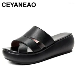 Slippers CEYANEAO Women Slipper 2024 Ladies Summer Genuine Leather Shoes Wedges Heels Fashion