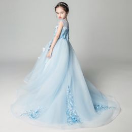 Mermaid Girl's Pageant Birthday Party Dress Light Blue Beaded Appliques Flowers Girl Princess Dress Fluffy Kids First Communion Dr 226d