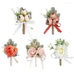 Brooches 1PC Artificial Rose Flowers Corsage For Groom Man Pin Suit Bridal Buttonhole Wedding Party Jewellery Accessories Gifts