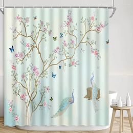 Shower Curtains Spring Flower Curtain Green Plant Leaf Oil Painting Butterfly Bird Vine Peacock Home Modern Bathroom Decor With Hooks