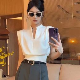 Women's Tanks White Elegant V Neck Blouses Women Korean Chic Folds Sleeveless Shirts Fashion Office Lady Casual All Match Crop Tops
