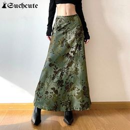 Skirts SUCHCUTE Floral Printed 90s Vintage Long For Women Low Rise Grunge Casual Loose Summer Beach Y2K Green Midi Skirt Holiday