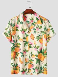 Men's Casual Shirts Orange Print Short Sleeve Hawaiian Shirt With Chest Pocket For Summer Vacation Resort Tops Men
