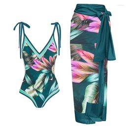 Women's Swimwear Women Botanical Print One Piece Lace Up Swimsuit Cover Slim Bow Strap Bikini Summer Beach Holiday Bathing Suit