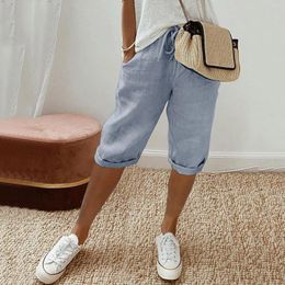 Women's Pants Summer Women Wide Leg Shorts Streetwear Solid Cotton Linen Loose Cropped Straight Trousers Drawstring Waisted Baggy