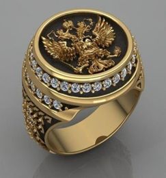 Domineering Russian Doubleheaded Eagle Men039s Ring 18k Gold Diamond Inlaid Fashion Business Banquet Jewellery Men039s Ring P7290070