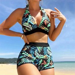 Women's Swimwear Printed Hanging Neck Split Bikini Sexy High Waisted Swimsuit Swimming Suits For Teens With Shorts