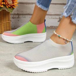 Casual Shoes Women Vulcanised Knitted Sneakers Flat Mix Colour Vulcanize Chaussure Femme