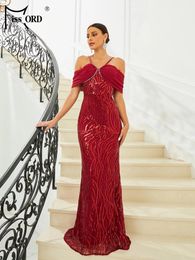 Party Dresses Missord Elegant Wine Sequin Prom Dress 2024 Women Spaghetti Strap V Neck Short Sleeve Bodycon Long Evening Gown