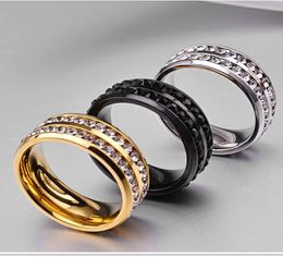 Fashion 316L Stainless Steel Jewellery 3 Colours Diamond Rings Two Rows Rhinestones Titanium Steel Men039s Wedding Band Mens Rings7708670