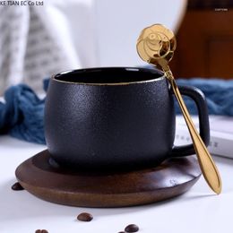 Mugs European Ceramic Coffee Cup With Wooden Saucer Household Frosted Mug Afternoon Tea Spoon Couple 300ml