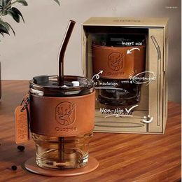 Mugs 420ml Green Glass Mug With Lid And Straw Heat-Resistant Coffee Cup Leather Reusable Office Tea Juice Milk Water