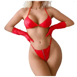 Bras Sets Erotic Lingerie Set Faux Leather Bra And Panties With Gloves Temptation Fetish Latex Lingeries For Woman Clubwear