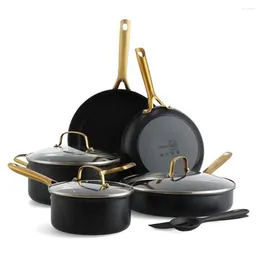 Cookware Sets Hard Anodized Ceramic Nonstick Set 11 Piece Kitchen Pots Pans Glass Lids Gold-Tone Handles