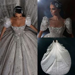 Luxurious Arabic Dubai Ball Gown Wedding Dresses Cap Sleeve Off Shoulder Beadings Crystals Sparkle Sequins Puffy Ruched Bridal Gowns Custom Made BC18822 0511