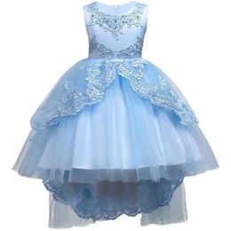 Pretty Lace Blue Puffy Flower Girl Dresses 2018 High Low Lace Appliques Communion Dresses Pageant Dresses For Little Girls mc1458 280F