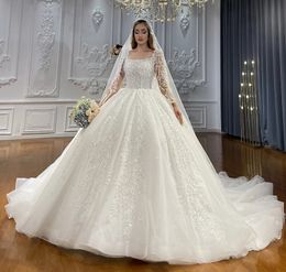 2024 Saudi Arabic Puffy Wedding Dresses Square Neck Long Sleeves Pearls Beads Sequins Tulle Puffy Bridal Gowns Vestido De Noiva Casamento Custom Order Size