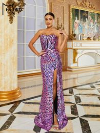 Casual Dresses Missord Elegant Purple Long Prom Women Strapless Geometric Sequin Print Bodycon Thigh Split Party Dress Evening Gown