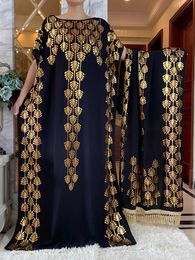 Ethnic Clothing Dubai New Abaya For Women Summer Short Slve Cotton Dress Gold Stamping Loose Lady Maxi Islam African Dress With Big Scarf T240510