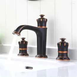 Bathroom Sink Faucets Oil Rubbed Bronze Black Solid Brass Faucet Three Holes Two Handles Cold Mixer Basin High Quality Tap