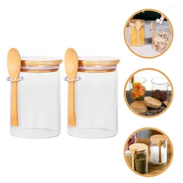 Storage Bottles 2 Pcs Glass Jar Spoon Containers With Lids Sugar Empty Bamboo Cover Flour And Candy Jars Overnight Oats