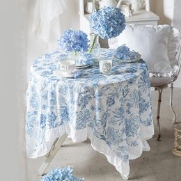 Table Cloth French Cotton Blue And White Porcelain Embroidered Waterproof Oil-proof Skirt Pendulum Lotus Leaf Edge Tea