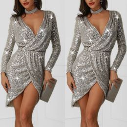 2020 Sexy V Neck Sequined Full Sleeves Cocktail Dresses Mini Women Night Club Split Joint Dress Formal Party Evening Dress 326K