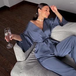 Home Clothing 2024 Women Solid Robes With Sashes 2 Piece Set Wrist Sleep Tops Satin Pants Loose Pyjamas Casual Sleepwear Female Suits