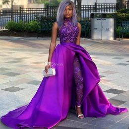 Purple Overskirt Jumpsuit Prom Dresses High Neck Appliqued Side Split Evening Gowns Beaded Plus Size Sweep Train Satin Formal Dress 268R