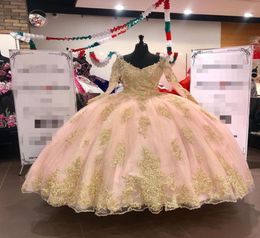 Stunning Blue Blush Pink Ball Gown Quinceanera Prom Dresses V Neck Long Sleeves Gold Applique Lace Sweep Train Sweet 15 masquerade8832605