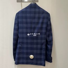 Men Blazers Brioni Blue Wool Silk Plaid Jacket Coats