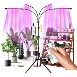 Grow Lights Led 4 Heads Indoor Plants Fl Spectrum Light Tripod Adjustable Stand Floor 4/8/12H Timer With Remote Control Drop Deliver Dhfh1