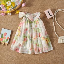 Girl Dresses Summer Baby Girls Dress Neckline Bow Ribbon Hand-Painted Style Flower Pattern Light Holiday (0-3 Years Old)