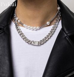 Pendant Necklaces Luxury Iced Out Rhinestone Miami Cuban Chain Necklace 2PcsSet CZ Bling Rapper Pearl Choker Set For Men Punk Jew8625473