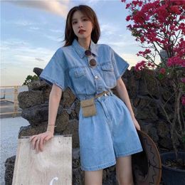 Women's Jeans Women Retro Denim Rompers Korean Notched Short Sleeve Jumpsuits 2024 Summer Chic Streetwear Wide Leg